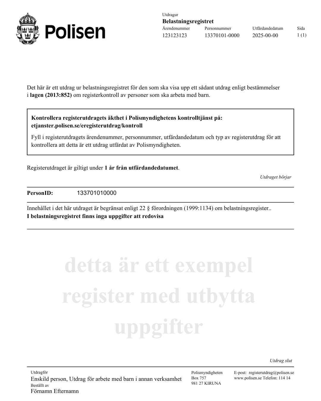 Exempel på digitalt registerutdrag från Polisen
